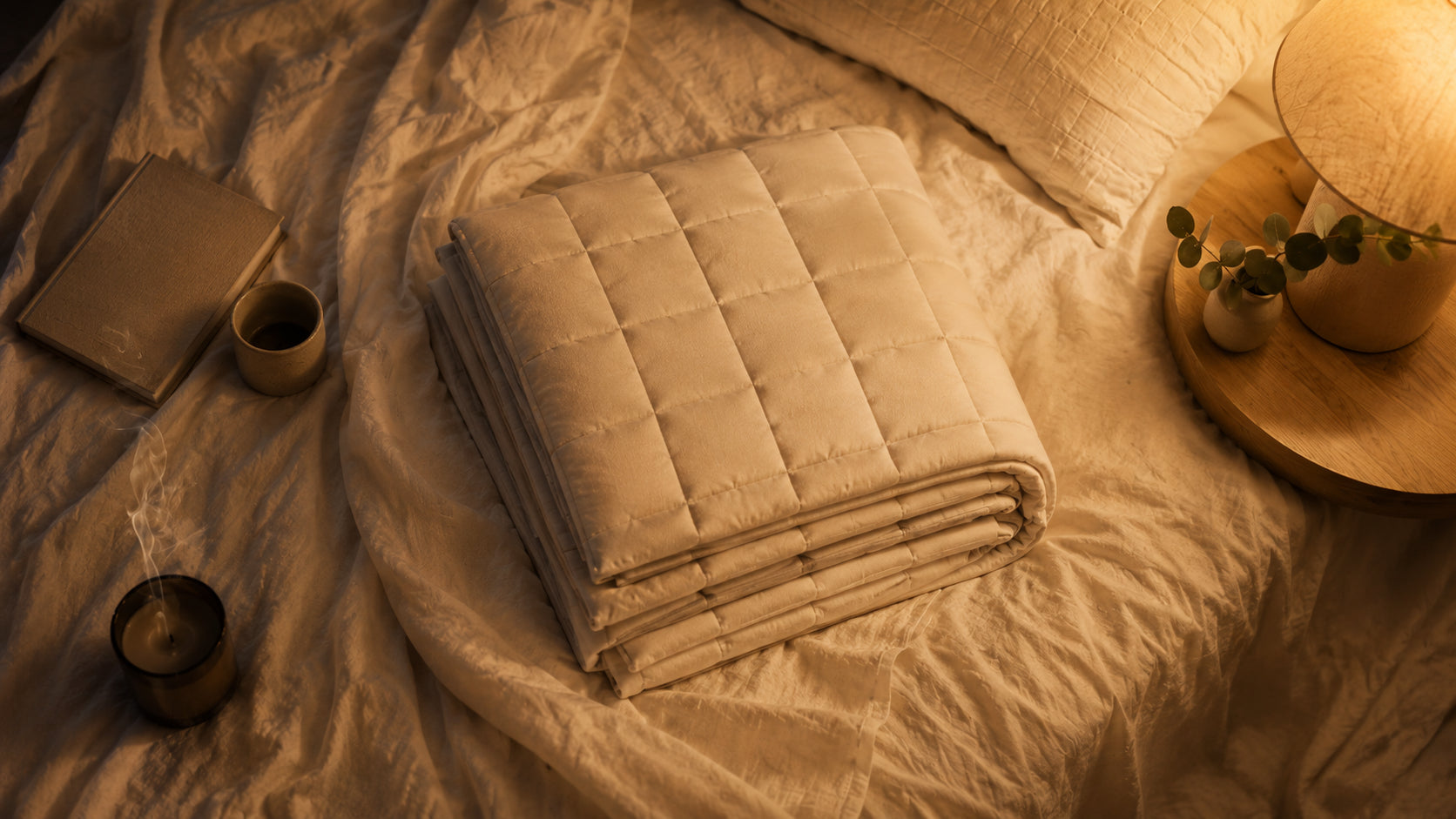 Couverture lestée beige crème pliée sur un lit cocooning, lumière chaude du soir — Someira
