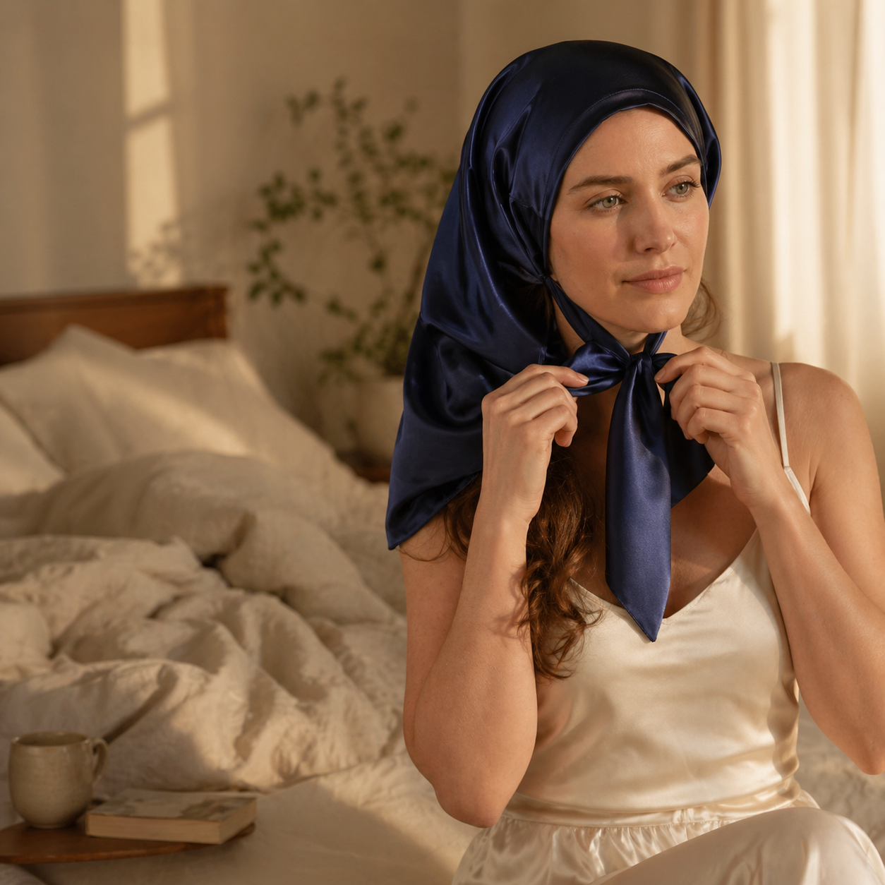Femme nouant un bonnet en soie de mûrier bleu nuit à l'aube, lit en lin crème
