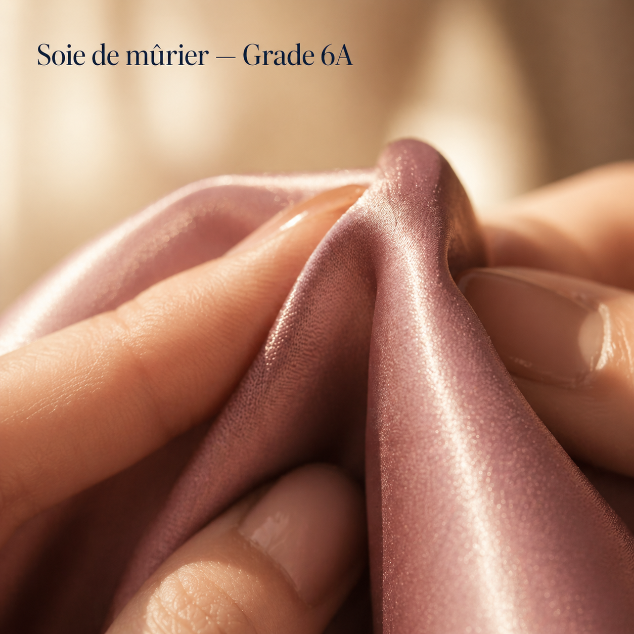 Soie de mûrier rose poudré grade 6A — texture macro éditoriale