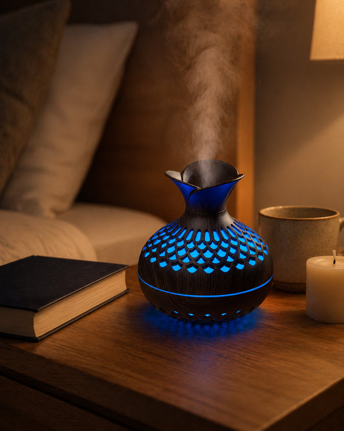 Diffuseur Someira sur table de chevet en bois, livre et bougie, ambiance chambre tamisée