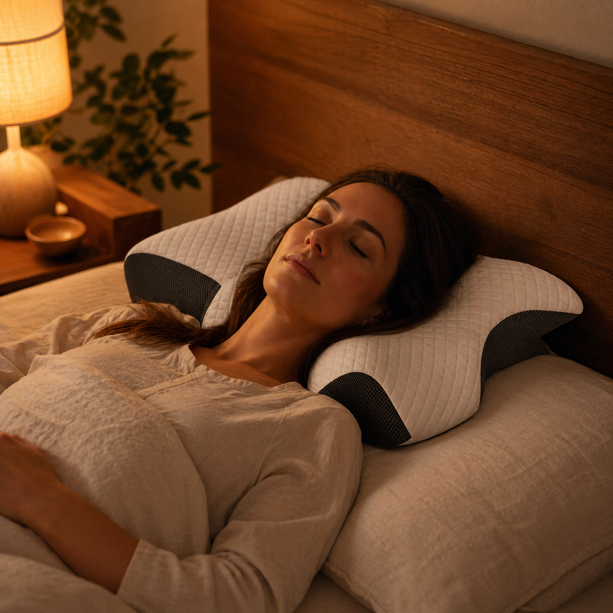 Femme dormant sur l'oreiller cervical papillon, posture alignée